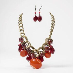 Vintage Multi Red Glass Bead Brass link Chunky Necklace Earring set
